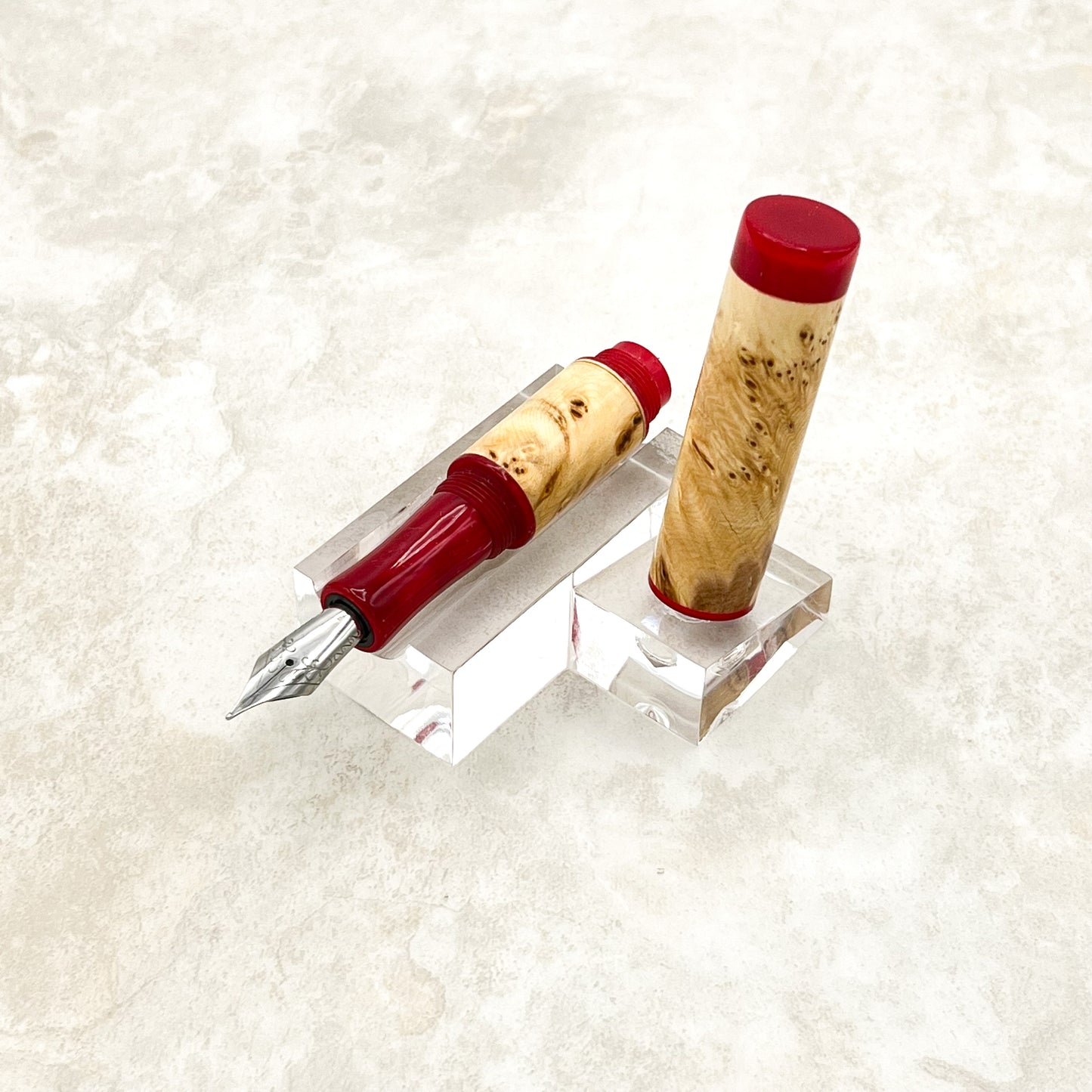 Pocket Fountain Pen - Yellow Cedar Burl with Red